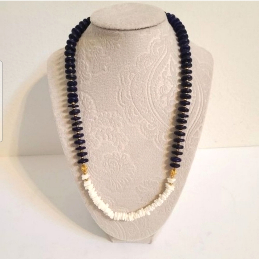 White Beaded Puka Shell/ Navy beaded wood Necklace boho chic